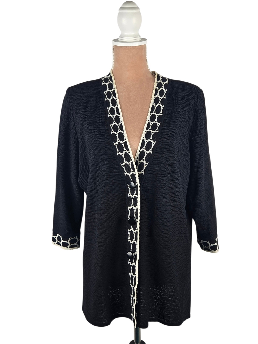 Exclusively Misook Knit Cardigan Trellis Trim Longline Two Tone Black XL